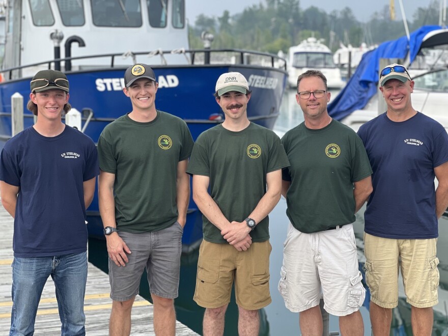  From left to right, Steelhead seasonal crew member Lawrence Grennan, assistant captain John Milan, technician Drew Niemiec, captain Pat O'Neill and technician Kris Snyder.