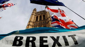 A Brexit banner is seen outside the Houses of Parliament in London on October 30. 2019. (Tolga Akmen/AFP/Getty Images)