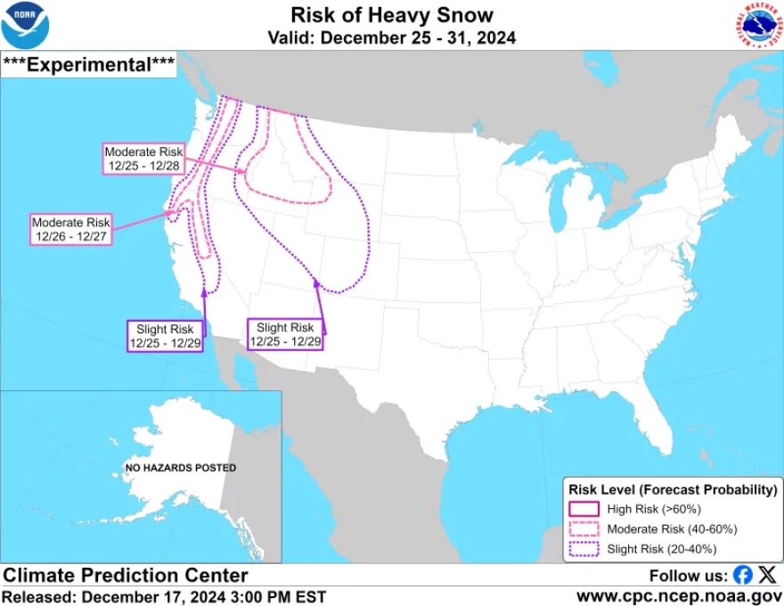 This map by the Climate Prediction Center shows areas at risk of heavy snow from Christmas Day to the end of the year.