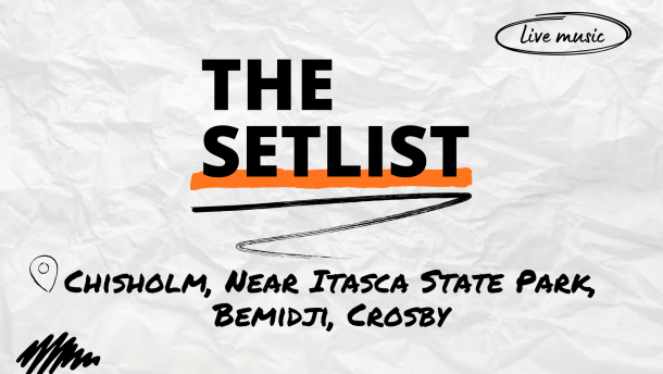 "The Setlist" and "Chisholm, Near Itasca State Park, Bemidji, Crosby" written over a crumpled paper background.