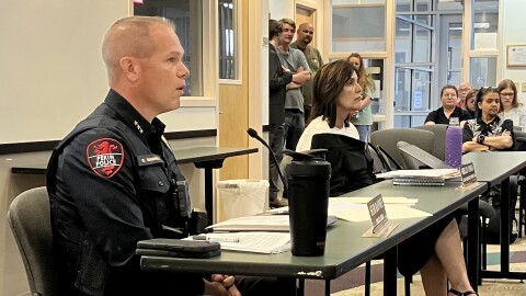 Pekin Police Chief Seth Ranney answers a question about Flock Safety license plate reading cameras Monday during a city council meeting.
