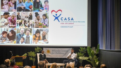 From left to right: Tawanna Brown, and Christopher Scott, speak about their experiences in the Foster Care system at an event hosted by Connecticut CASA in New Haven on May 21st, 2026. Scott, who has since become the leader of a nonprofit, said had a Court Appointed Special Advocate been there for him as a child, he might not have ended up in the foster care system.