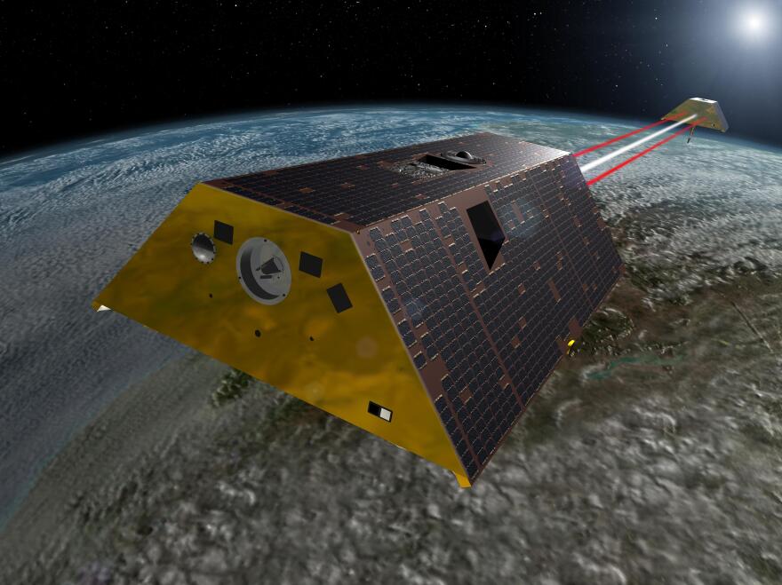 The Gravity Recovery and Climate Experiment Follow-On (GRACE-FO) mission, shown in an artist's rendering, will measure tiny fluctuations in Earth's gravitational field to show how water moves around the planet.