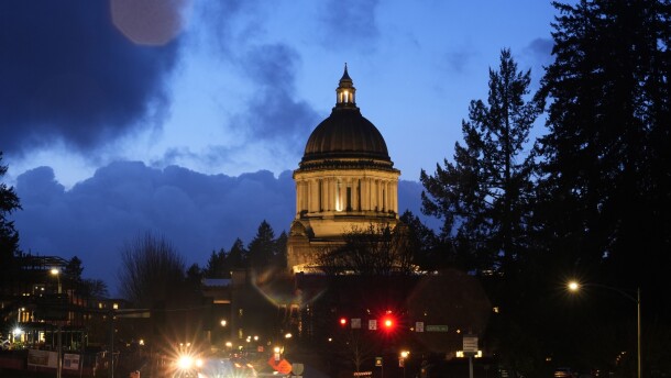 The Washington capitol building in Olympia at night. 