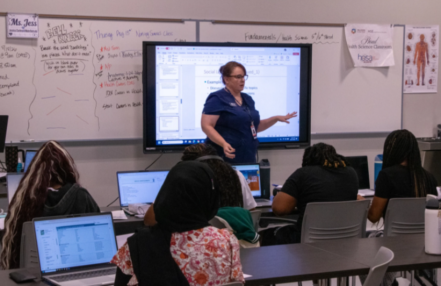 Nursing services instructor Jessica Cochran teaches a lesson on how to study for her class at John Marshall Enterprise High School's new college and career center.