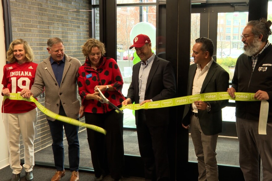 From left to right: IU President Pamela Whitten, former Bloomington Mayor and SVP at The Mill John Fernandez, current Bloomington Mayor Kerry Thomson, US Senator Todd Young, The Mill board chair Ravi Bhatt, and executive director of The Mill Pat East.