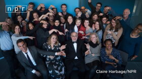 NPR All Things Considered Host, Robert Siegel, surrounded by his NPR Colleagues for his final broadcast.