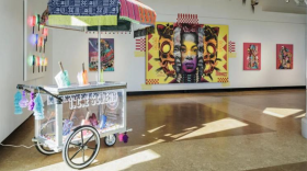In the Ni de Aquí, Ni de Allá exhibit that was on display at Boston University in 2025, a clear paleta cart's message says "I.C.E. SCREAM" and a seal that reads "U.S. Department of Stolen Land Security."