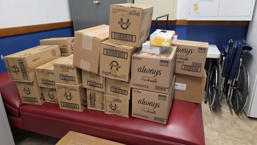 Period products sit inside the West Scranton High School nurse's office, ready to be opened and distributed.