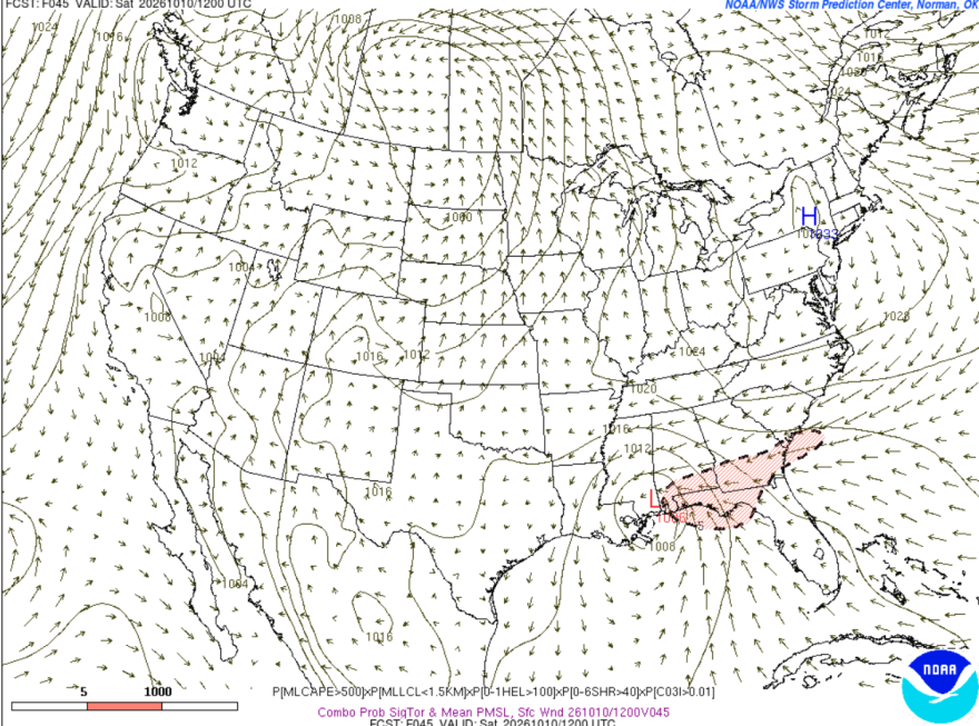 Map showing significant tornado parameters along the I-10 corridor From Friday evening into Saturday.