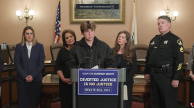 Robert Scrivner, center, speaks out against alleged child abuse by his father, former Kern County Supervisor Zack Scrivner, alongside his mother, Christina Scrivner, second from right, and State Senator Shannon Grove, second from left.Robert Scrivner, center, speaks out against alleged child abuse by his father, former Kern County Supervisor Zack Scrivner, alongside his mother, Christina Scrivner, second from right, and State Senator Shannon Grove, second from left.