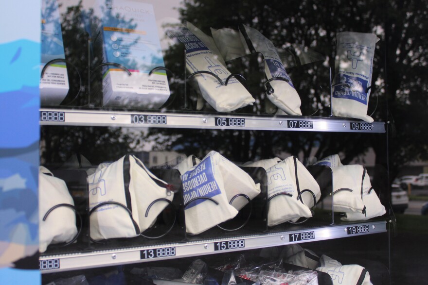 Opioid overdose reversal kits and other wellness products sit inside a community health vending machine outside the Qutekcak Native Tribe building on Wednesday, July 22, 2026 in Seward, Alaska.