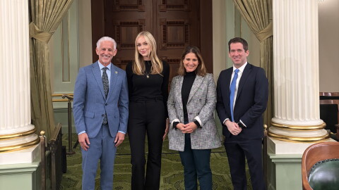 Depicted (left to right) is Josh Lowenthal, Aerin Cohn, an unknown state senator, and Marc Berkman. Taken at Sacramento State Capital on April 21, 2026 after Aerin Cohn's testimony in support of AB 1709 at the Assembly Standing Committee on Judiciary.