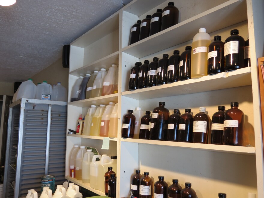 Brickyard Farms has a wall of scent oils that they use in the soaps, lotions, and lip balms.