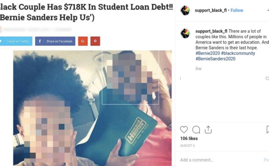 A 2019 report from the social media analytics firm Graphika showed screenshots of suspended Instagram accounts. One, which praised Sanders, reads: "Millions of people in America want to get an education. And Bernie Sanders is their last hope."