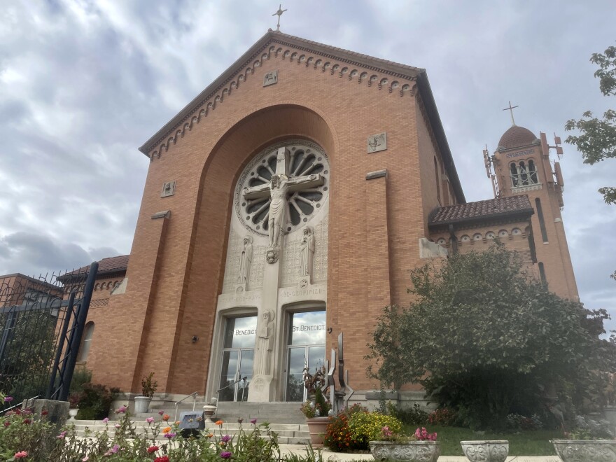 The St. Benedict Church is shown in southwest Baltimore, Monday, Oct. 16, 2023. A Benedictine monk has been suspended from ministry after the Catholic Archdiocese of Baltimore recently became aware of a payment he made several years ago to settle sexual harassment allegations. (AP Photo/Lea Skene)