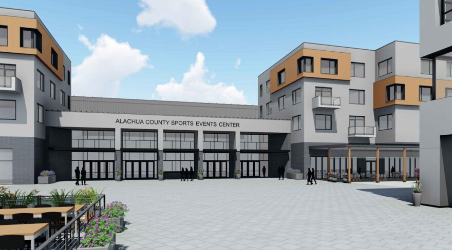 A rendering of the front entrance of the proposed building designed by CUPKOVIC Architecture, LLC for Alachua County. (CUPKOVIC Architecture, LLC, 2021)