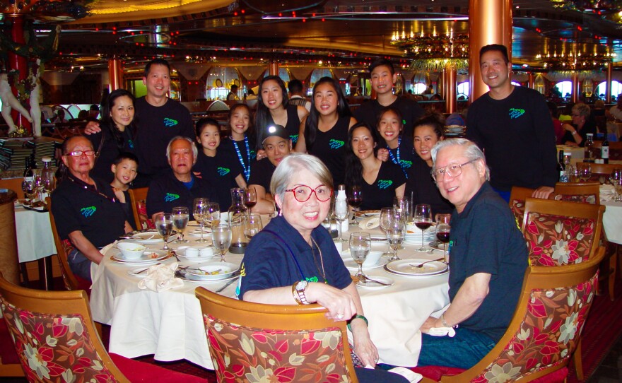 Elizabeth and Robert Mar (front) surrounded by family while on a cruise on July 3, 2017.