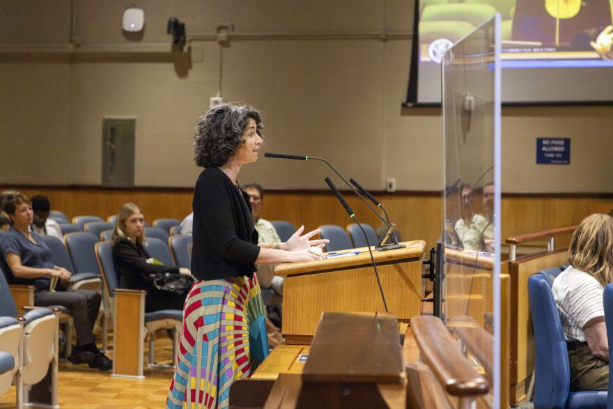 Nellie Catzen speaks at a New Orleans City Council transportation committee meeting on July 22, 2025.