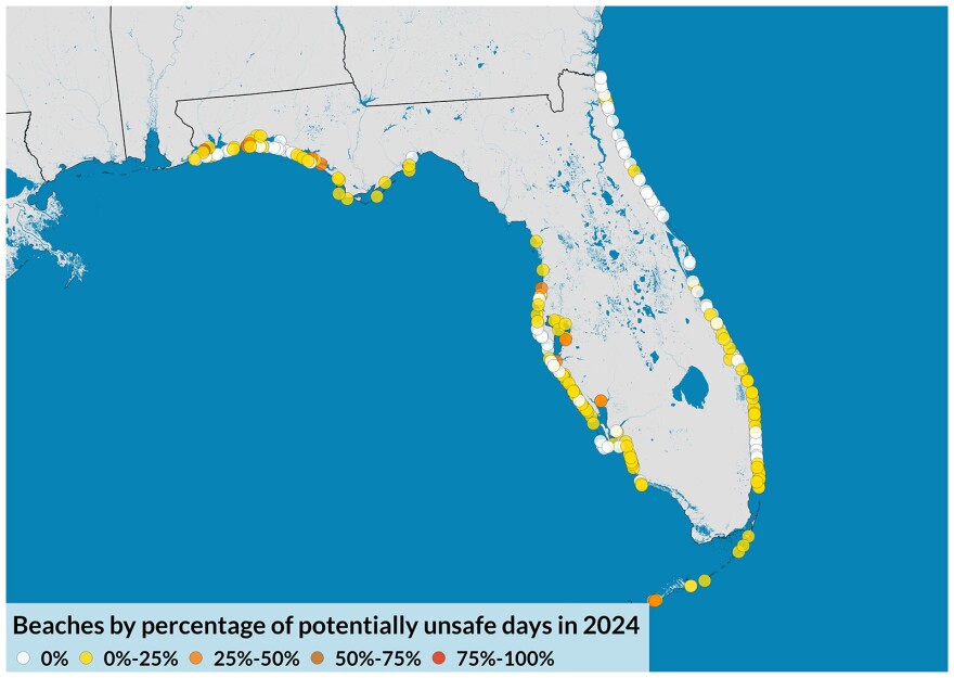 Map of Florida with markers of various colors scattered along the coastlines. "Beaches by percentage of potentially unsafe days in 2024" is typed at the bottom.