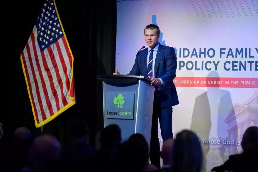 Pete Hegseth, then a Fox News contributor and co-host, delivers remarks at the Idaho Family Policy Center’s Standing With Conviction event in Boise, Idaho on March 6, 2024.