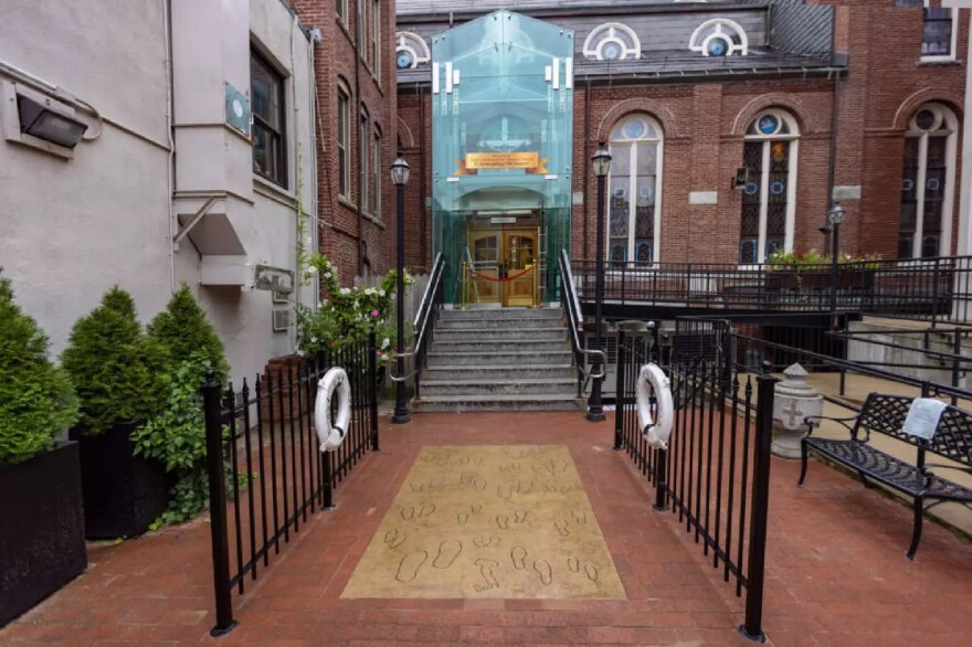 Nancy Schön's “The Noble Journey” outside of St. Leonard’s church in Boston's North End.