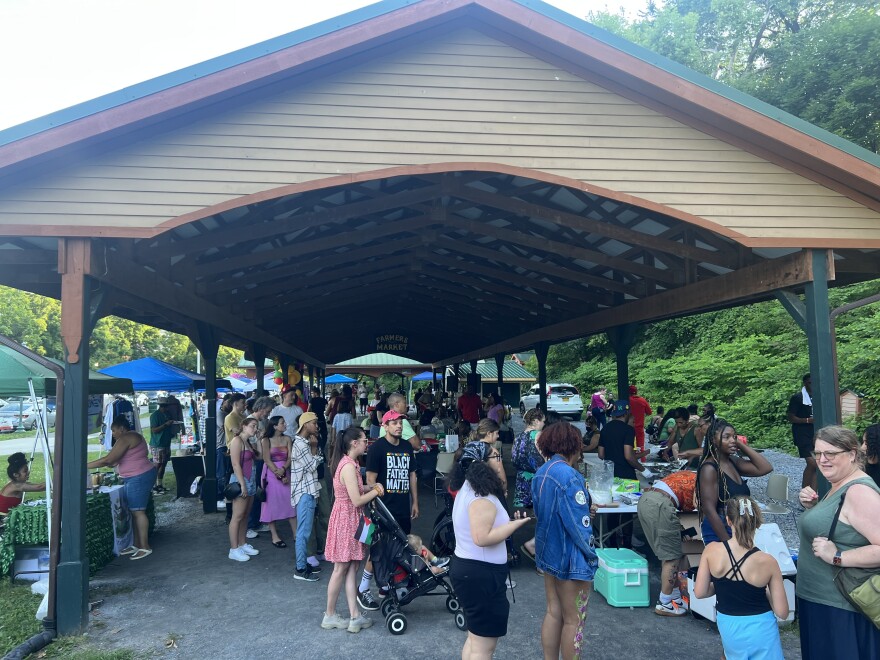 A long line at the Saratoga Black Lives Matter Freedom Fest waiting to get some free food before more live music and a drag show