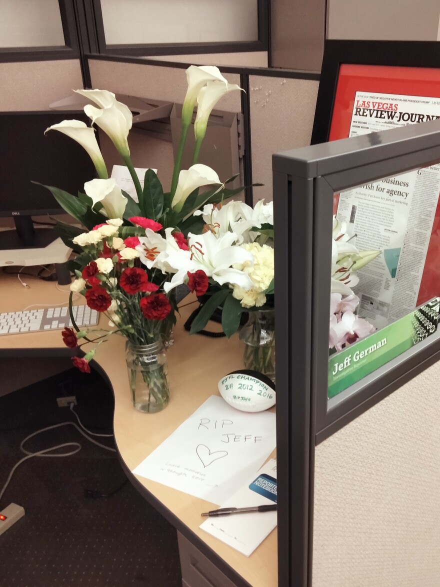 Memorial on German's desk in the Review-Journal newsroom