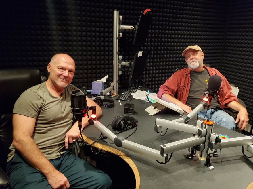 Les Stroud (left) in WGCU studio before recording an episode of Gulf Coast Life with WGCU's Mike Kiniry (right).