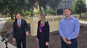 Alek Schott, far right, joins his attorneys Jeff Rowes and Christie Hebert of the Texas Office of the Institute for Justice, outside of the San Antonio Federal Courthouse for a news conference on Sept. 29, 2026.