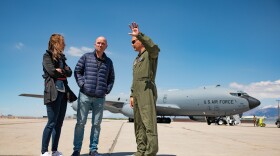 Brig. Gen. Daniel Boyack, assistant adjutant general-Air, briefs Utah Gov. Spencer Cox on the capabilities of the KC-135R Straotanker on the flight line of Roland R. Wright Air National Guard Base in Salt Lake City, April 28, 2021.