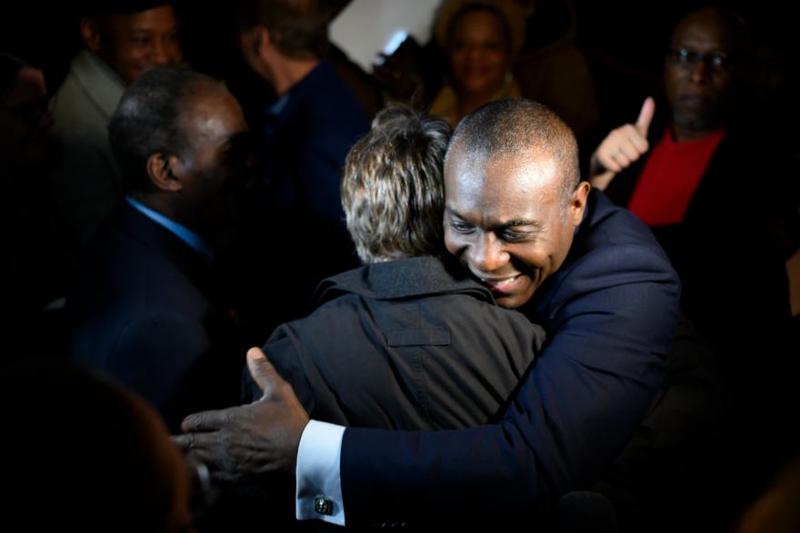 Board of Aldermen President Lewis Reed celebrates winning re-election in Tuesday's primary election.
