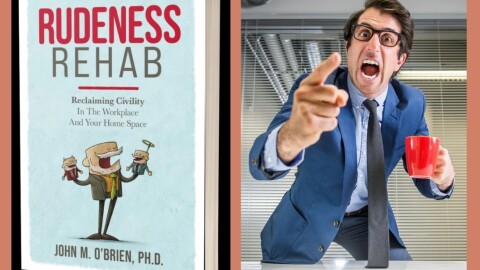 Book cover of Rudeness Rehab with cartoon figure; man pointing angrily at someone with mouth open