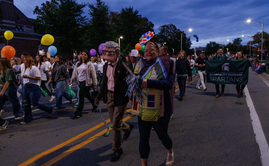 The School of Hospitality Business has a float themed to Pixar's "Up" in the Michigan State University Homecoming Parade in East Lansing, Mich., on Oct. 9, 2026.
