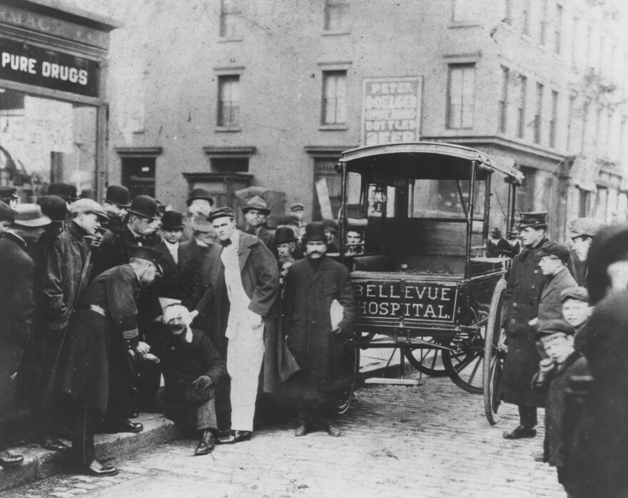 Applying the lessons he learned as a medical administrator in the Civil War, Edward Dalton organized the nation's first civilian ambulance corps at Bellevue in 1869. Here, a Bellevue ambulance surgeon provides assistance to an injured New Yorker.