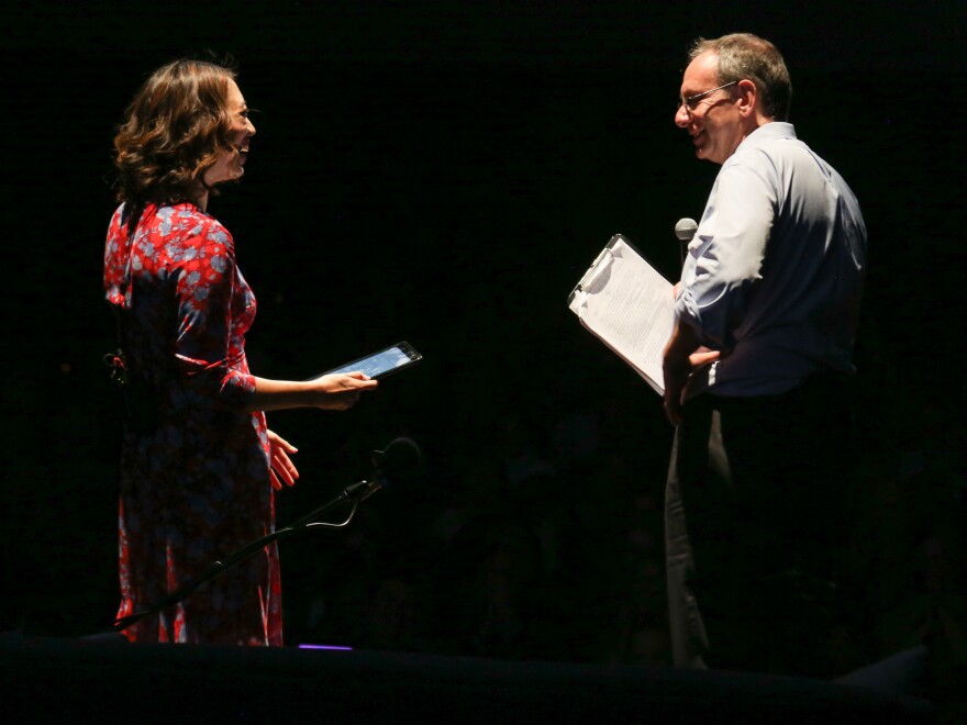 NPR's Elise Hu and StoryCorps' Dave Isay on stage in Birmingham, AL