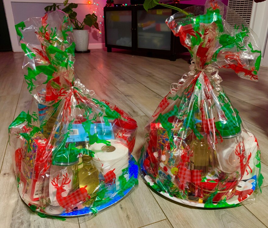Mary Lopez and her daughter Juliet Tablerion are gifting pandemic-themed baskets to friends and neighbors.