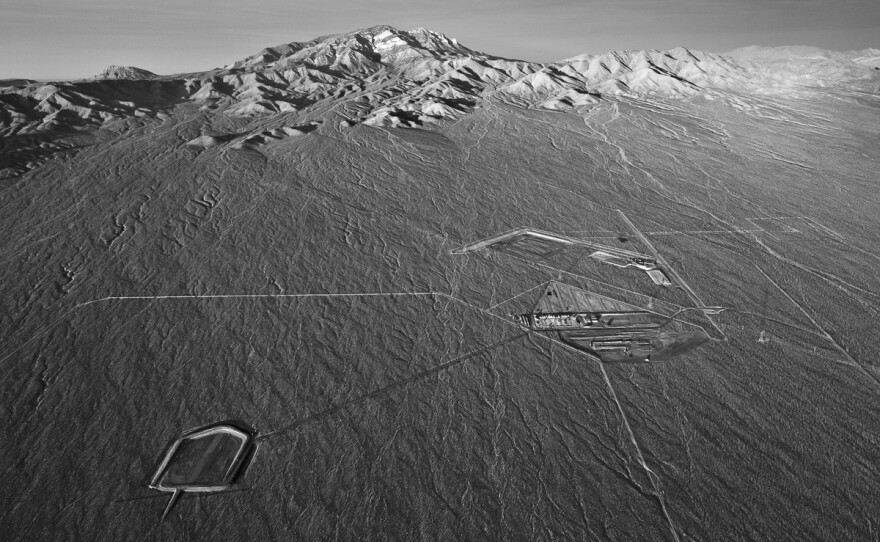 Aerial view toward Clark Mountain of groundwork for future power block of Solar Field One. ISEGS, Mojave Desert, Calif., USA, Jan. 14, 2011.