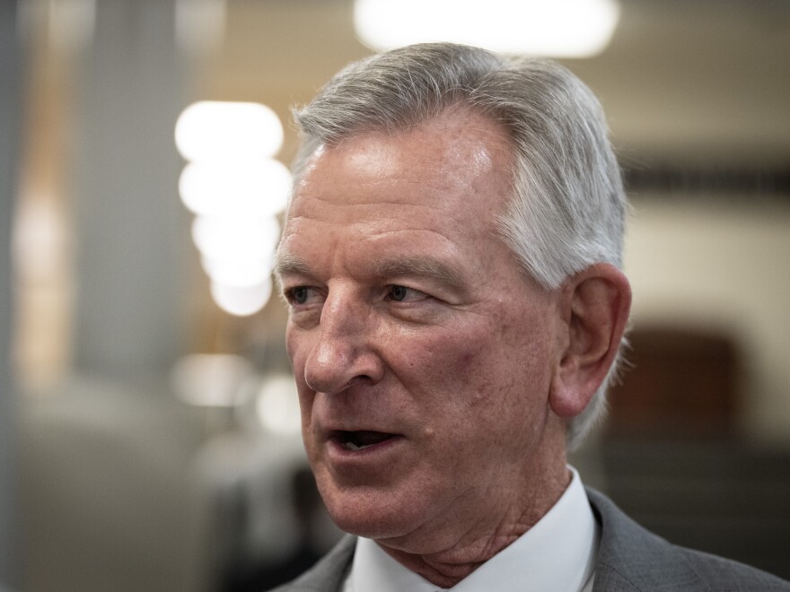 Republican Sen. Tommy Tuberville, pictured here speaking to reporters in the U.S. Capitol on July 10, has blocked hundreds of military nominations, causing logistical hurdles across the service.