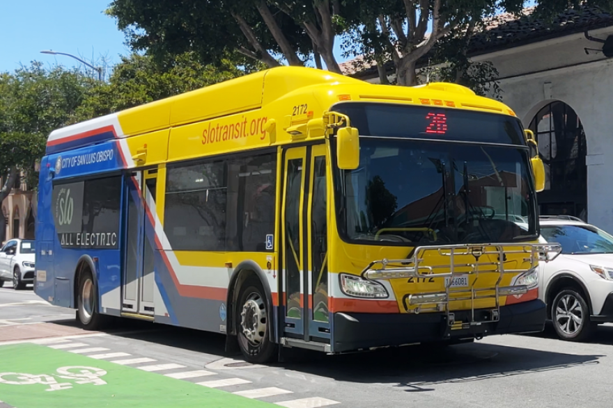 An all-electric SLO Transit bus. The 2026 progress report identified transportation as a significant source of greenhouse gas emissions.