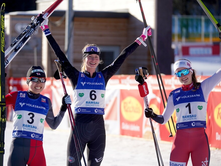 From left to right: Third placed Anju Nakamura of Japan, winner Tara Geraghty-Moats, and second placed Gyda Westhold Hansen of Norway react during the Women FIS Nordic Combined World Cup on Dec. 18, 2020.