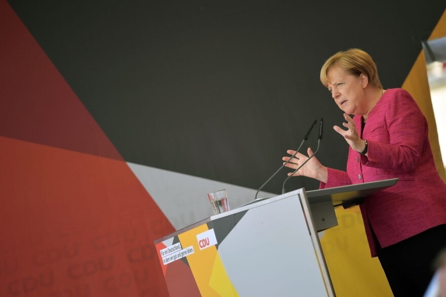 German Chancellor and Christian Democrat (CDU) Angela Merkel speaks at a CDU election campaign stop on Sept. 22, 2017, in Heppenheim, Germany. Germans will go to the polls this coming Sunday and Merkel currently has a double-digit lead over her rivals, though the final election outcome remains uncertain as a significant percentage of voters have so far remained undecided.  (Thomas Lohnes/Getty Images)