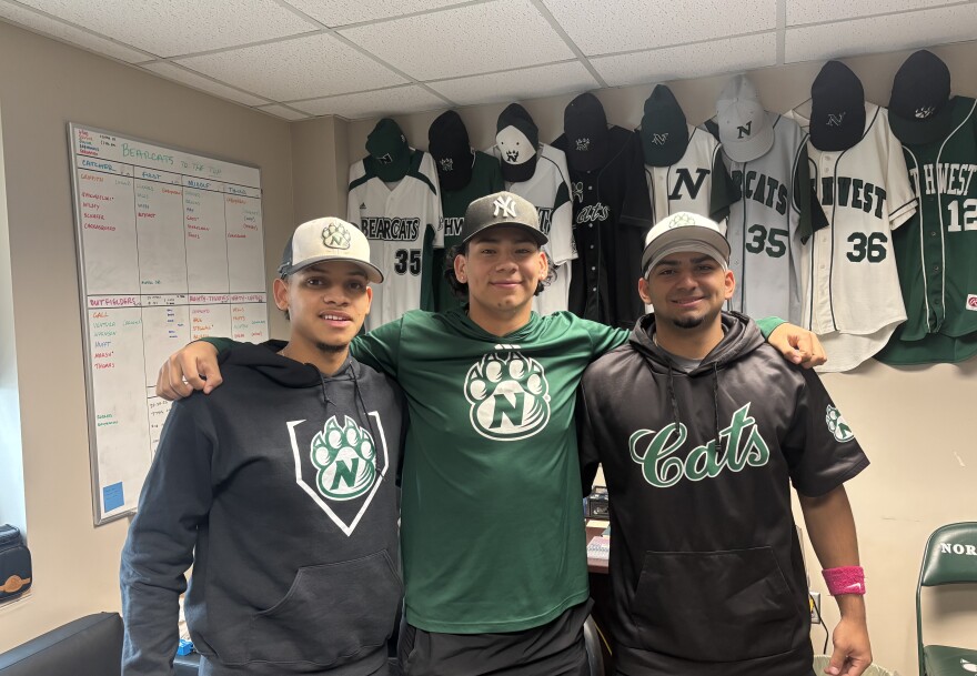 Wilmer Jimenez, left, Leonardo May, center, and Clement Carrasquero, right, attended high school together in Massachusetts and now play baseball at Northwest.
