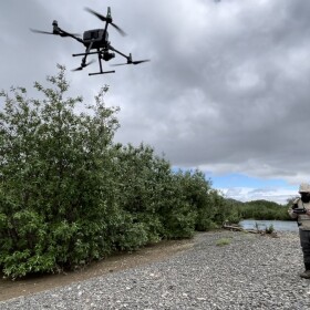 Dr. Daniel Auerbach (left) and Avery Hoffman (right) fly a drone to survey the Kwethluk River in July 2024. Dr. Daniel Auerbach (left) and Avery Hoffman (right) fly a drone to survey the Kwethluk River in July 2024. Credit Andrew Magel/KRITFC.