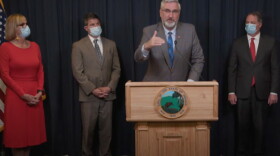 Gov. Eric Holcomb, center, discusses the new state budget alongside, from left to right, Lt. Gov. Suzanne Crouch, Senate President Pro Tem Rodric Bray (R-Martinsville) and House Speaker Todd Huston (R-Fishers).