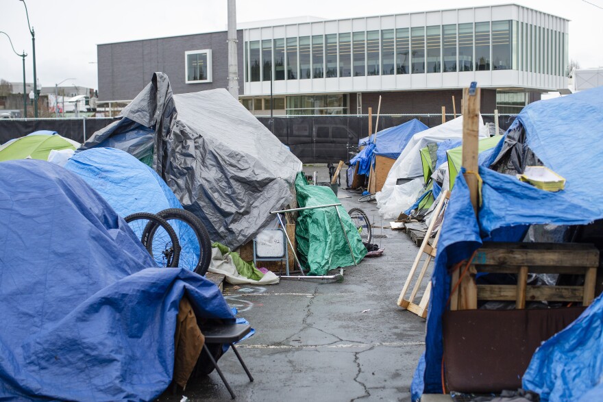 Tents are set up inside Olympia's mitigation site, the homeless encampment sanctioned by the city.  