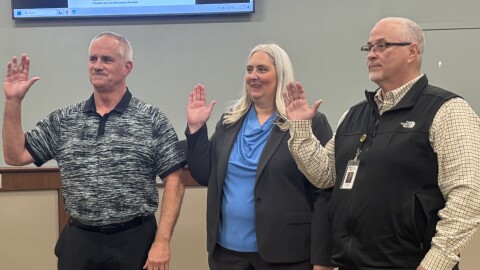 Bobby, Michaelson, Cyndi Hanson and Jan George are sworn in for four-year terms on the Sioux City School Board on November 24, 2025. (Bret Hayworth. Siouxland Public Media News)