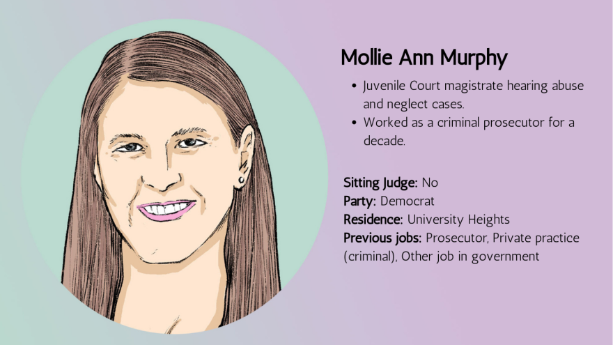 A sketch of Mollie Ann Murphy along with basic information about her judicial candidacy.