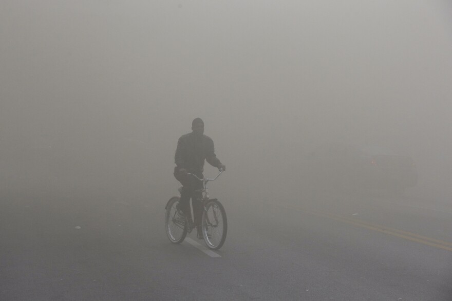 A man rides a bicycle through heavy smoke from a nearby store on fire.