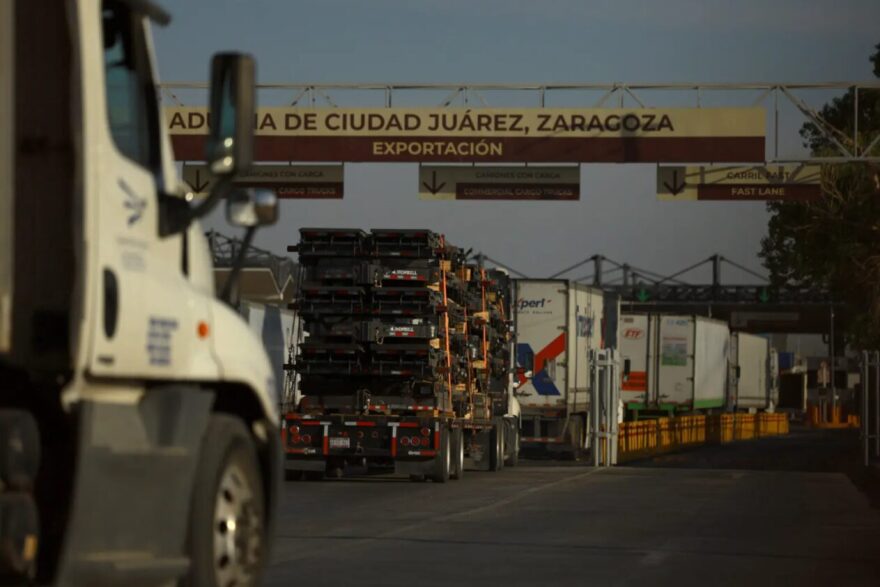Trucks line up at the Zaragoza-Ysleta bridge to cross the border between Mexico and the United States in Ciudad Juarez, Mexico, on April 2, 2025. Credit: REUTERS/Jose Luis Gonzalez